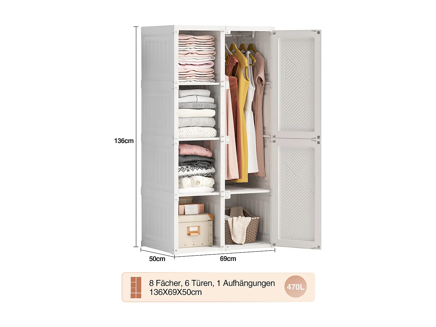 Armadio con 2 ante e 3 ripiani - Armadi portatili, 69x50x136cm - bianco