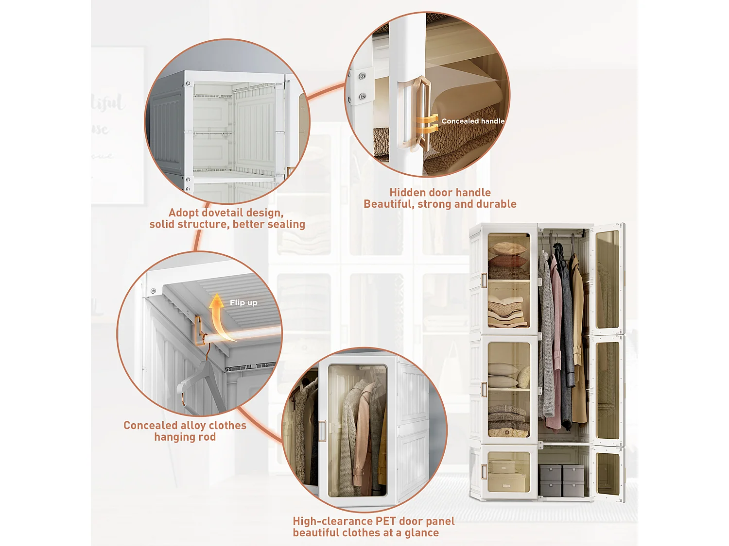 Armoire avce 10 compartiments 6 portes 1 suspension - Pliable Penderie à portes transparentes , 69x50x170cm - Blanc