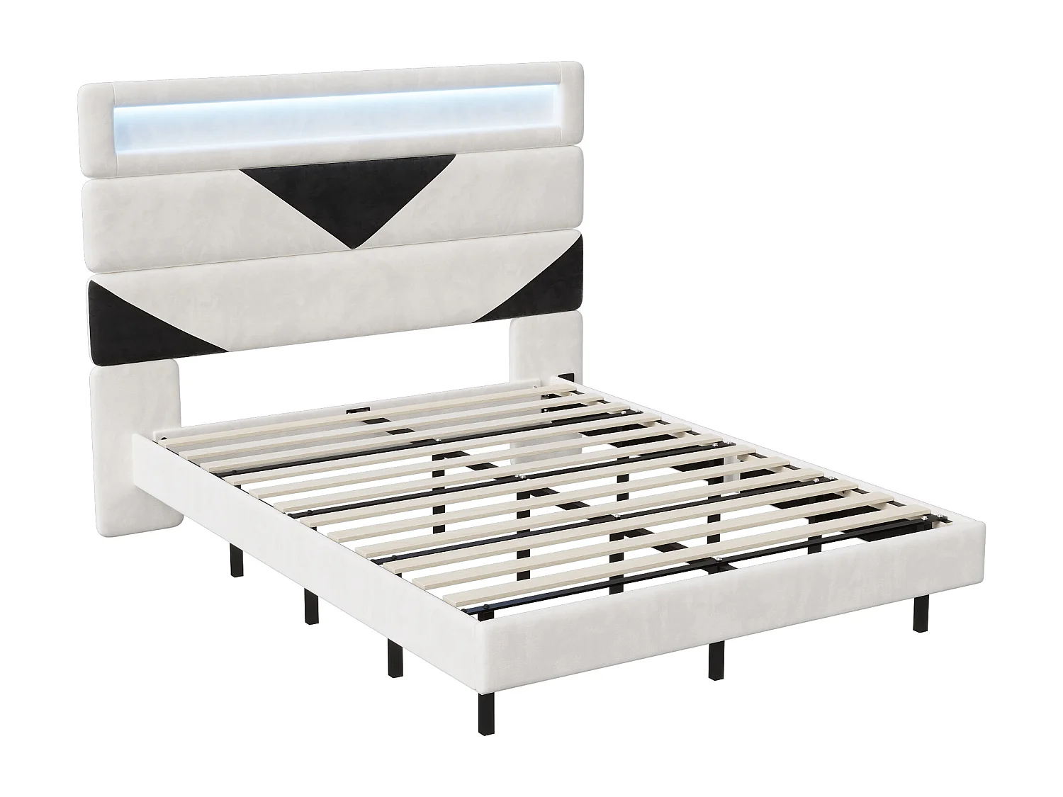 Bed 160x200 cm, MDF, met USB en LED verlichting, Bedframe, zwevend bed met driehoek hoofdeinde, - Wit