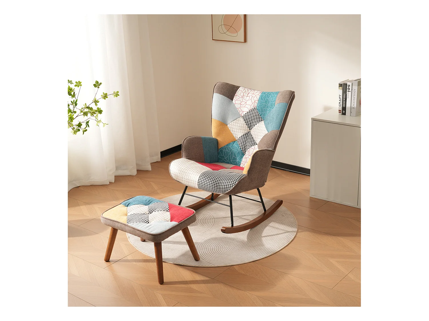 Sedia a dondolo con poggiapiedi, giunzioni, schiuma + molla - 69,5x88,5x50cm - Colorato
