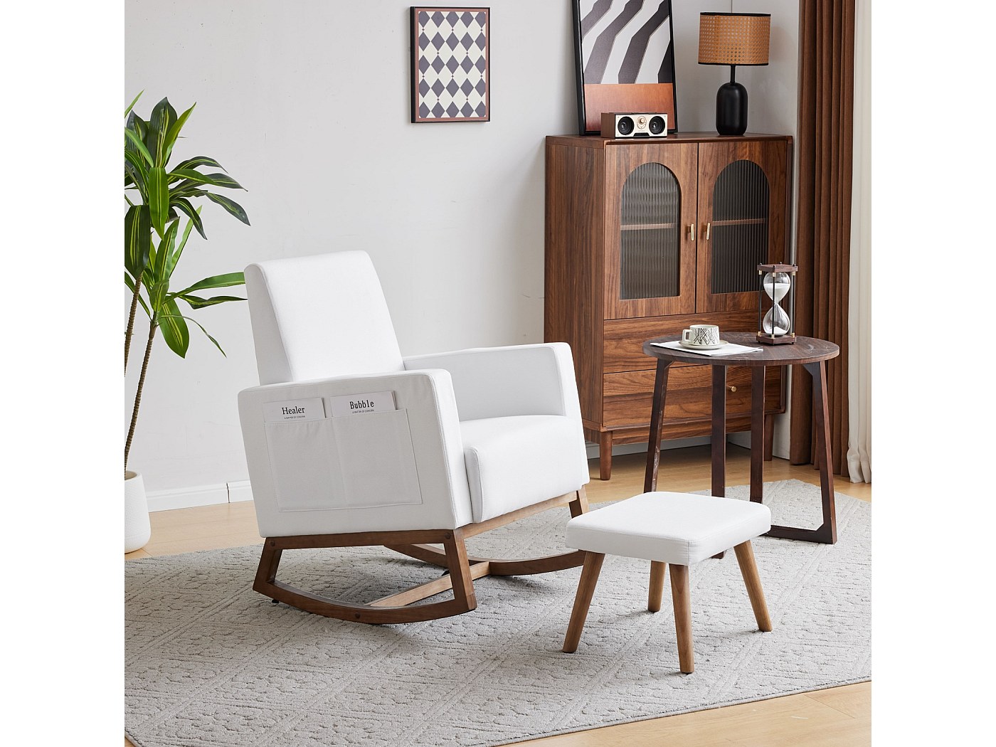 Chaise à Bascule Blanche Avec Repose-pieds - Velours Doux, Bois Massif, Pour Salon Et Chambre (66.5x84x92.5cm)