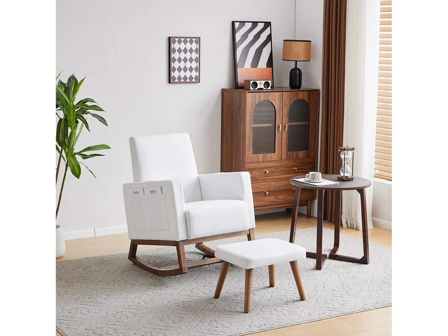 Fauteuil à bascule - chaise longue avec repose-pieds, avec sac de rangement - 65.5x84x92.5cm - en velours blanc