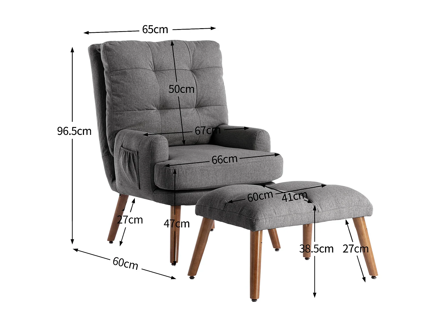 Chaise longue avec repose-pieds, dossier réglable sur 10 niveaux, inclinable, chaise avec étagère latérale-Gris