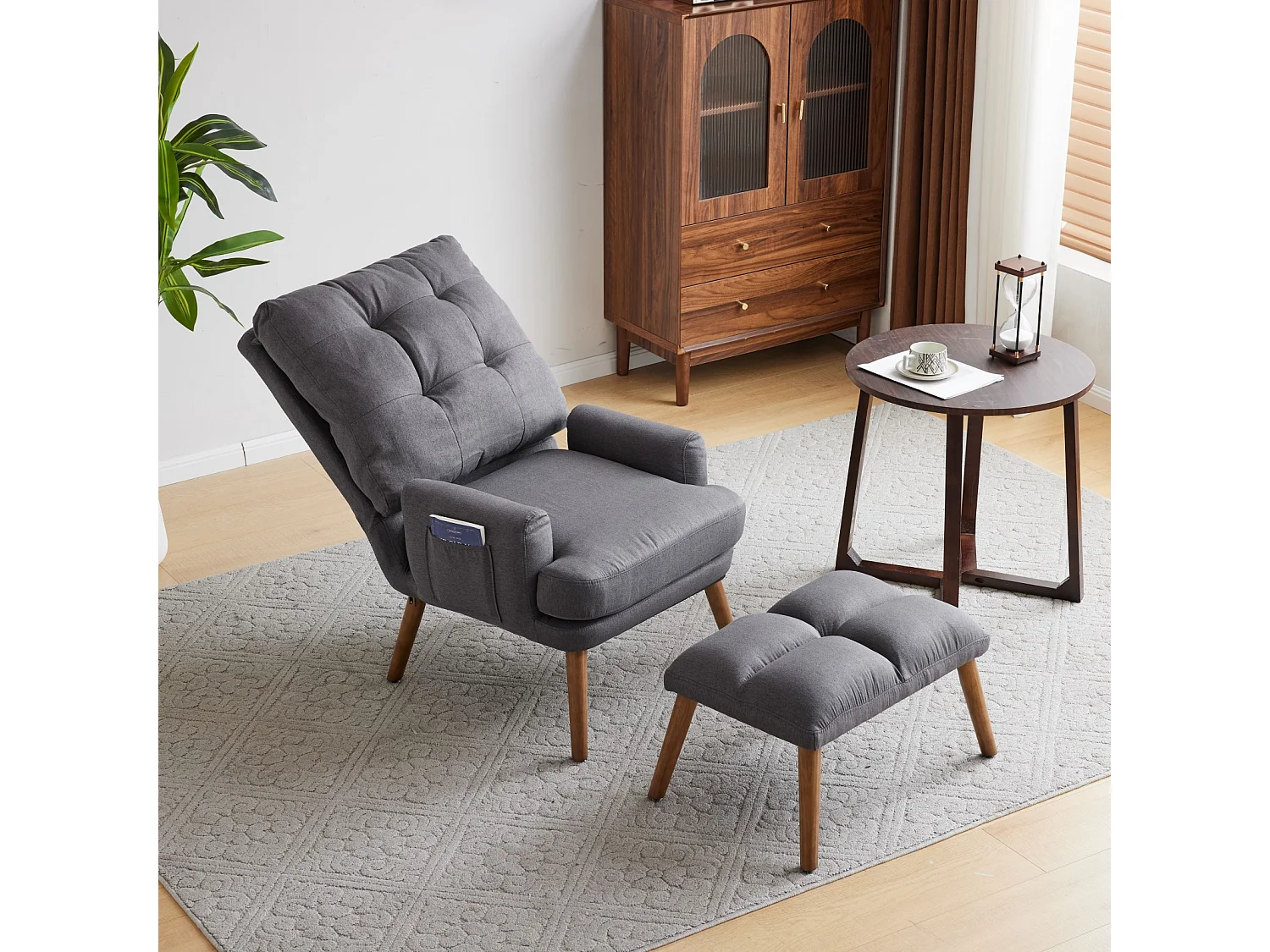 Chaise longue avec repose-pieds, dossier réglable sur 10 niveaux, inclinable, chaise avec étagère latérale-Gris