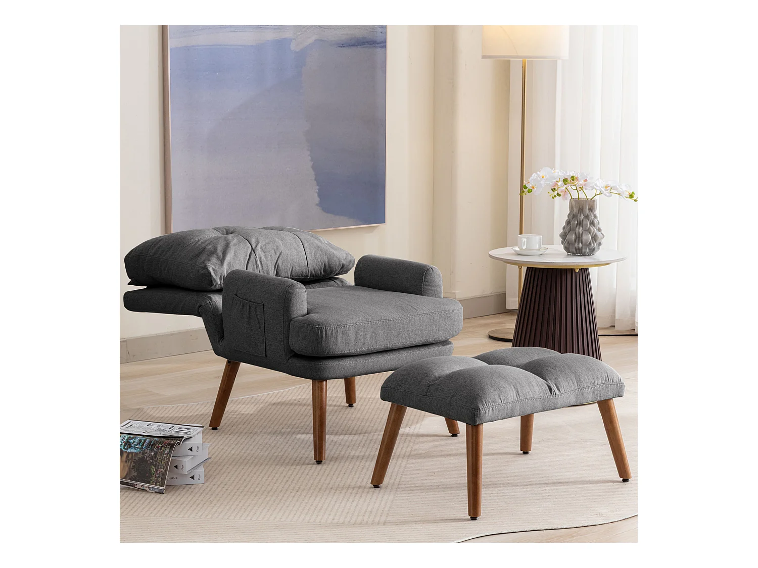 Chaise longue avec repose-pieds, dossier réglable sur 10 niveaux, inclinable, chaise avec étagère latérale-Gris