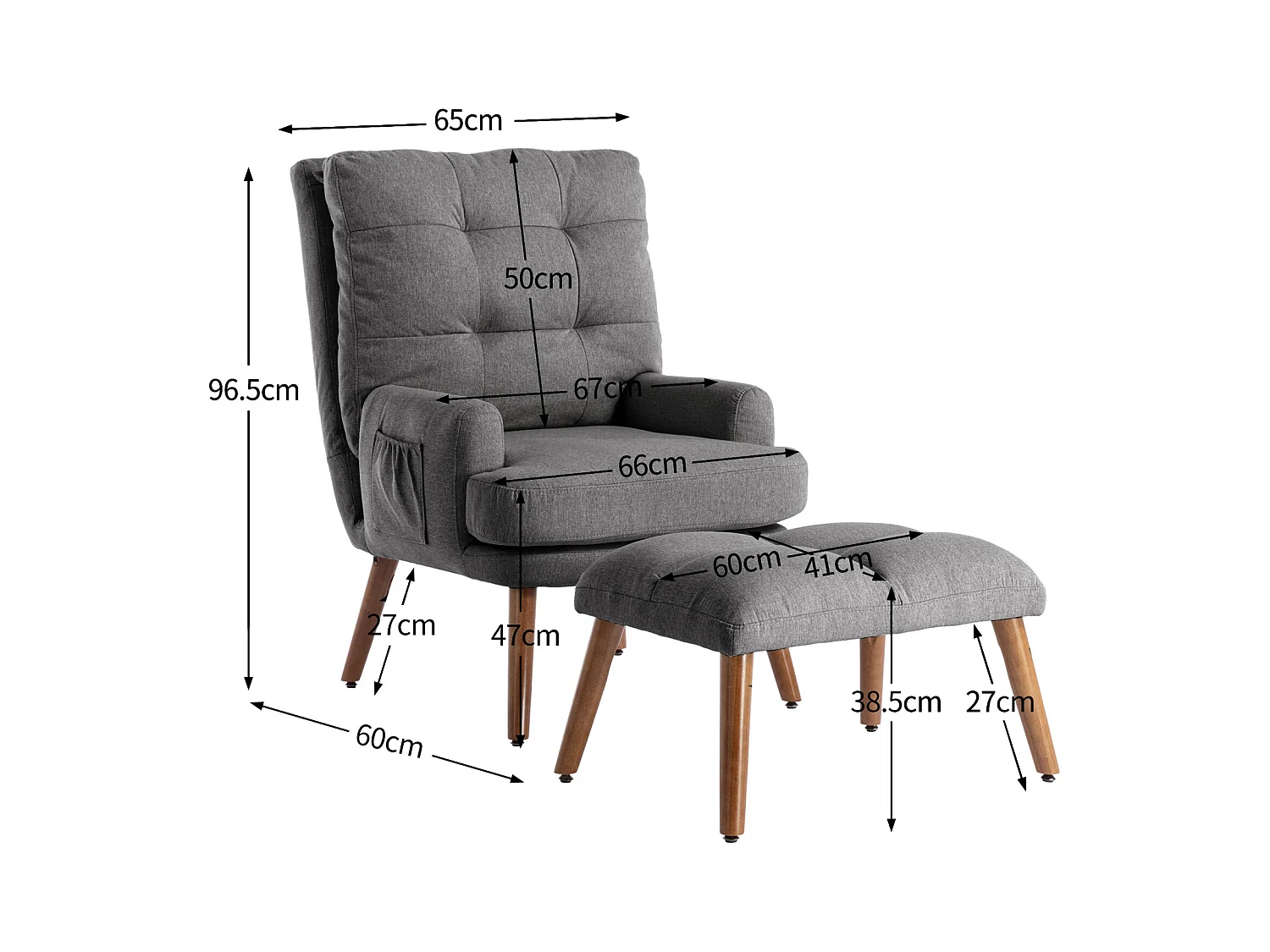 Chaise longue avec repose-pieds, dossier réglable sur 10 niveaux, inclinable, chaise avec étagère latérale-Gris