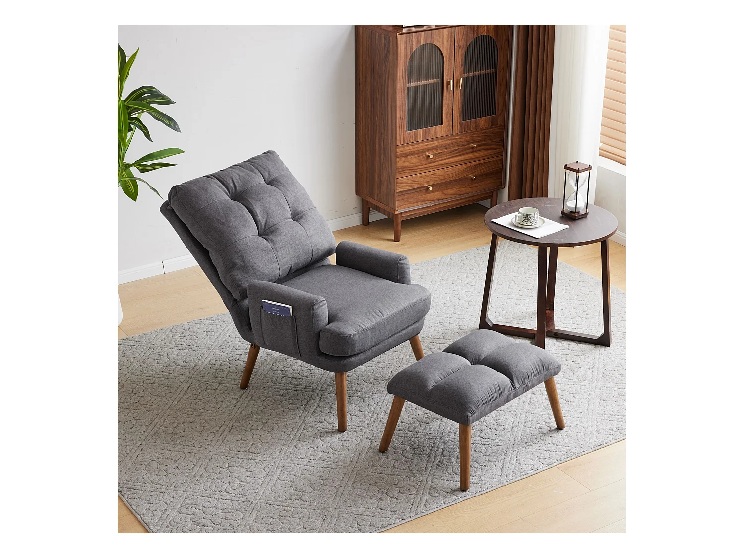 Chaise longue avec repose-pieds, dossier réglable sur 10 niveaux, inclinable, chaise avec étagère latérale-Gris