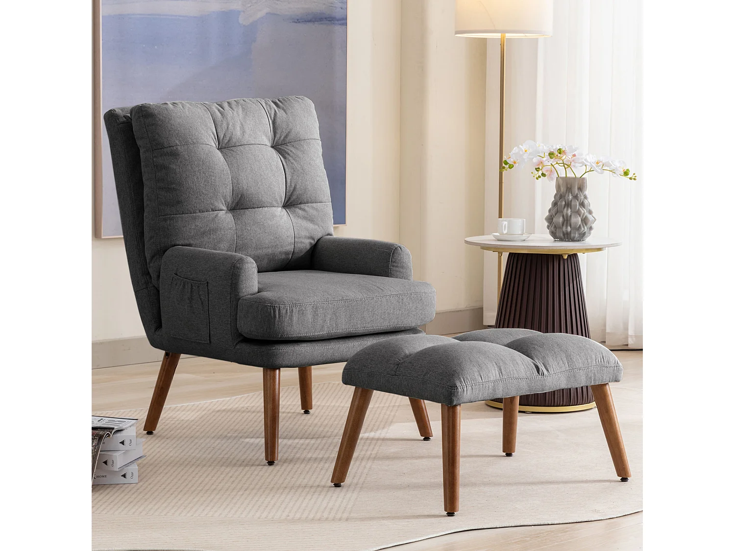 Chaise longue con poggiapiedi, schienale regolabile in 10 posizioni, reclinabile, sedia con ripiano laterale-Grigio