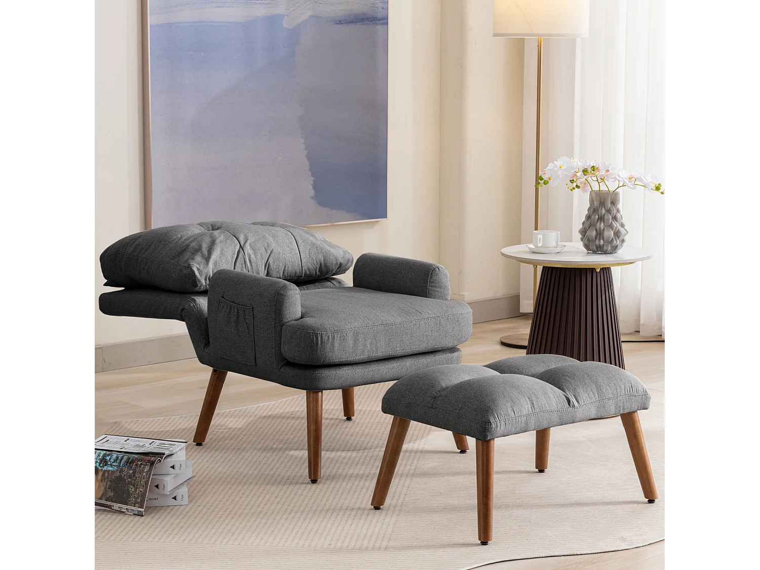 Chaise longue con poggiapiedi, schienale regolabile in 10 posizioni, reclinabile, sedia con ripiano laterale-Grigio