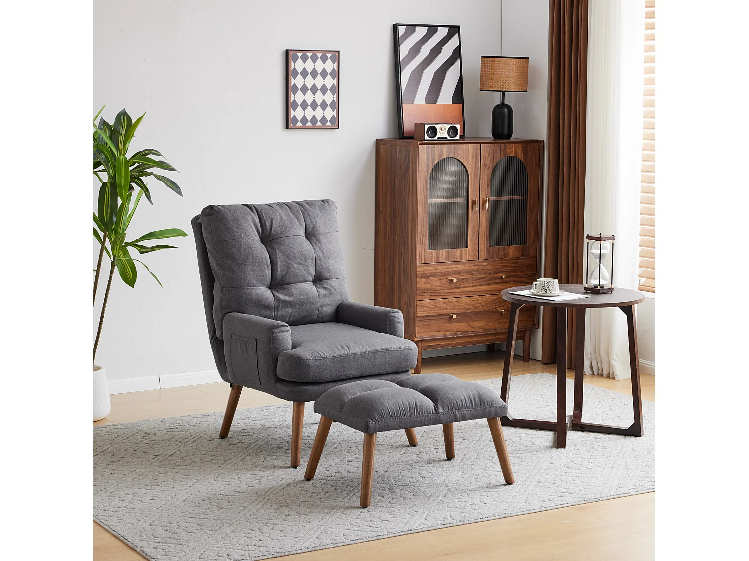 Chaise longue con poggiapiedi, schienale regolabile in 10 posizioni, reclinabile, sedia con ripiano laterale-Grigio