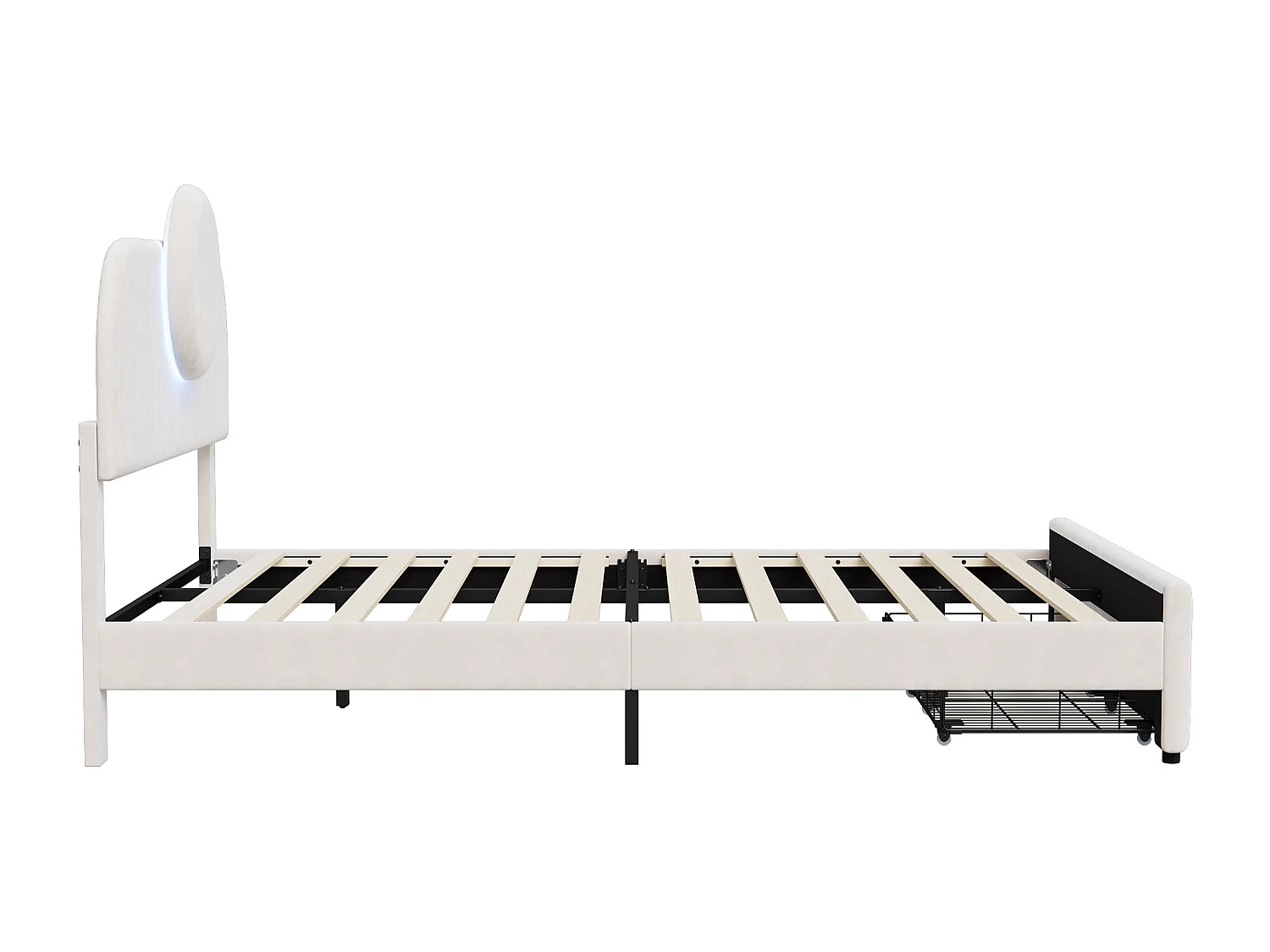 Lit 140x200 cm avec LED et 2 tiroirs, lit double 140x200 cm avec sommier à lattes, tissu en velours, beige