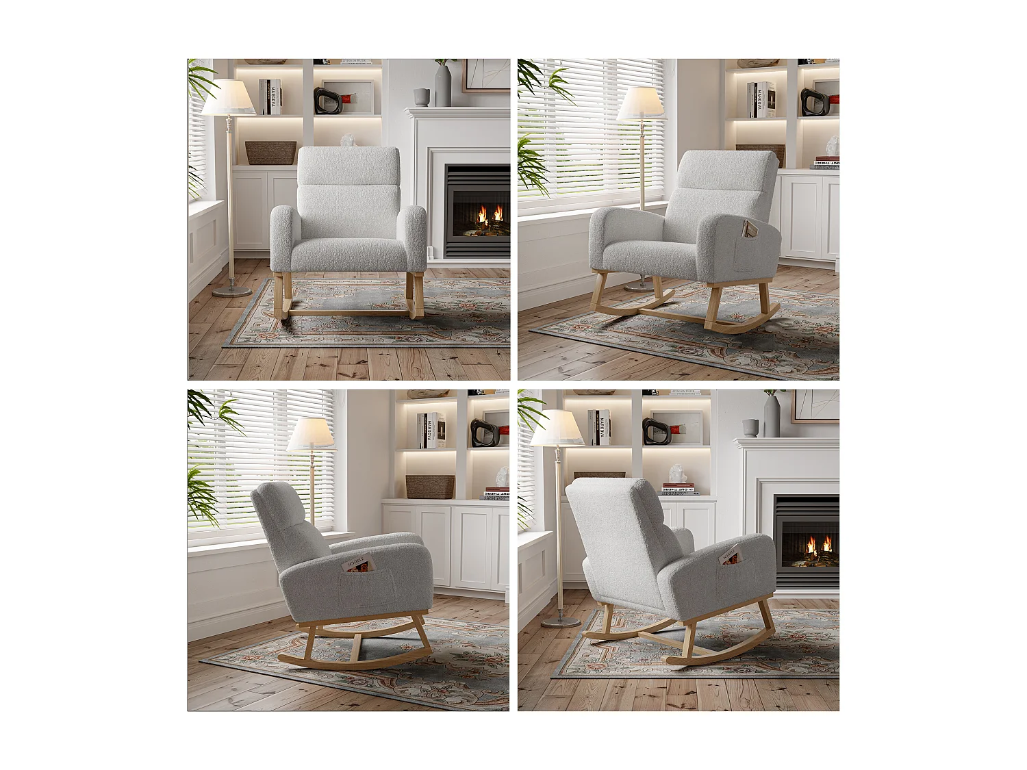 Fauteuil à bascule, fauteuil de relaxation, fauteuil de salon, d'accoudoirs,  avec poches, laine d'agneau,  Gris