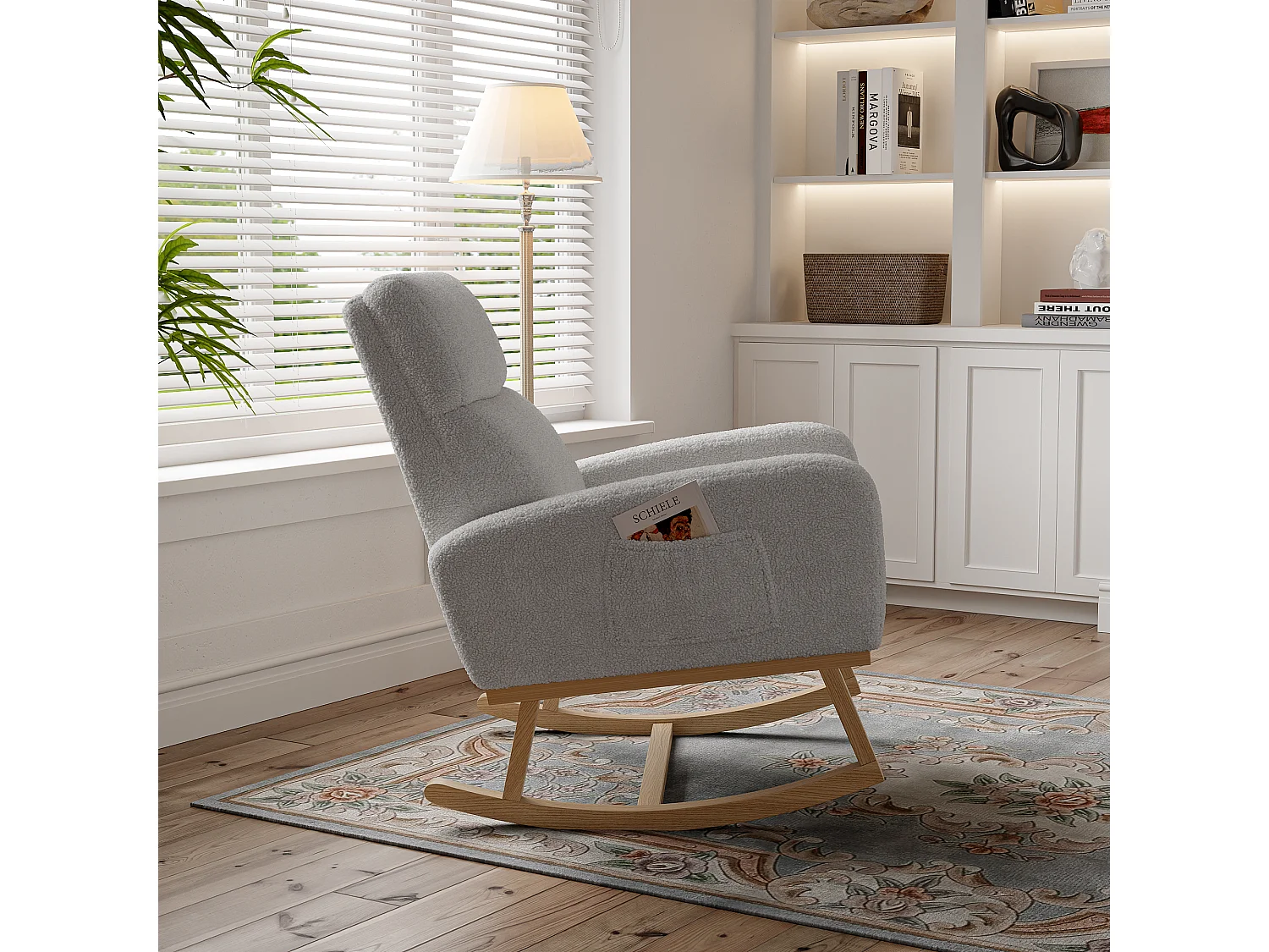 Fauteuil à bascule, fauteuil de relaxation, fauteuil de salon, d'accoudoirs,  avec poches, laine d'agneau,  Gris