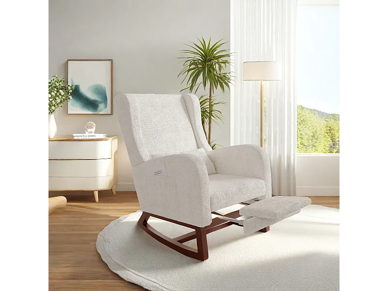 Fauteuil à bascule avec repose-pieds, fauteuil de relaxation, fauteuil de salon, d'accoudoirs,  laine d'agneau,  avec poches, Beige