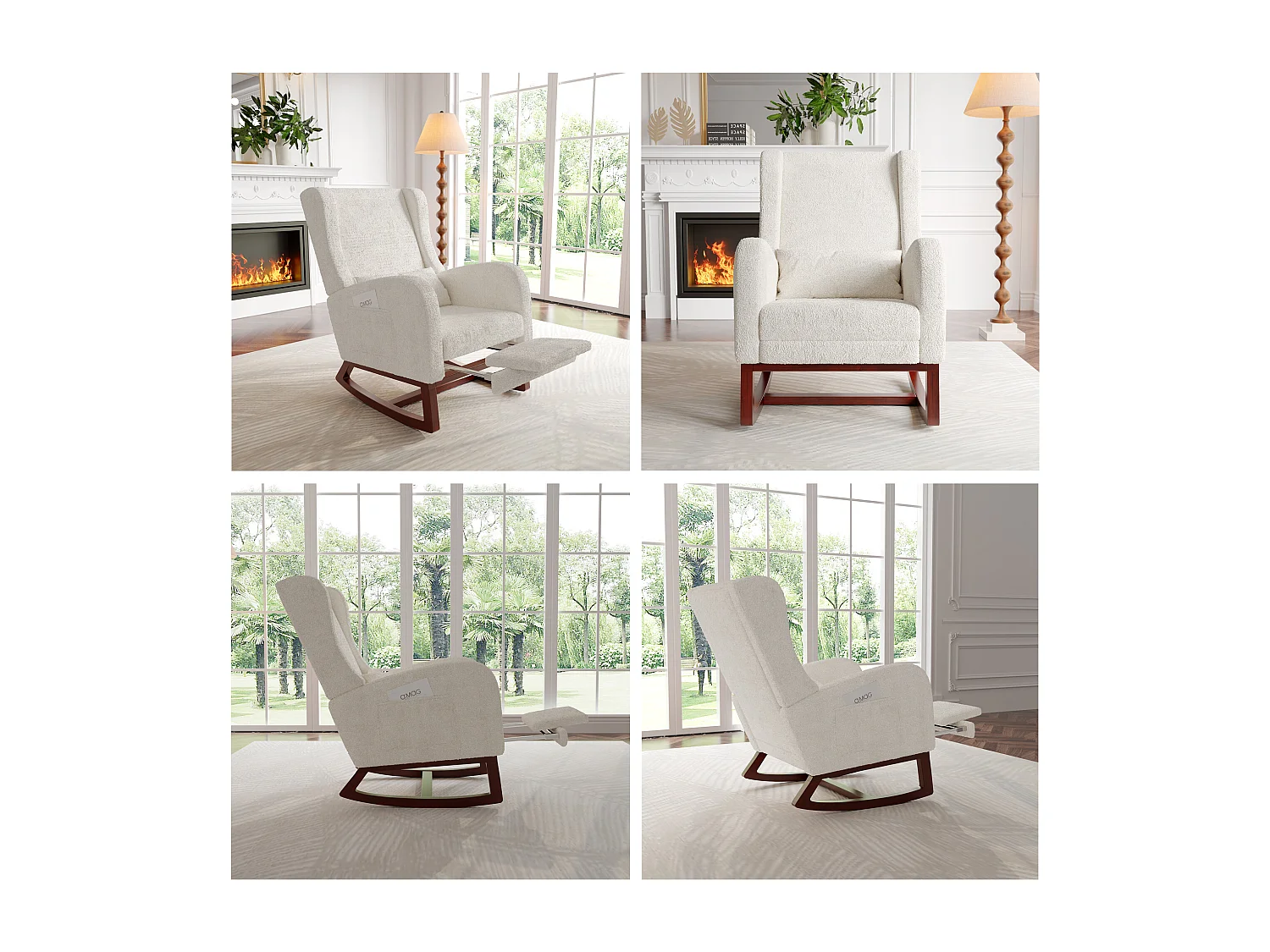 Fauteuil à bascule avec repose-pieds, fauteuil de relaxation, fauteuil de salon, d'accoudoirs,  laine d'agneau,  avec poches, Beige