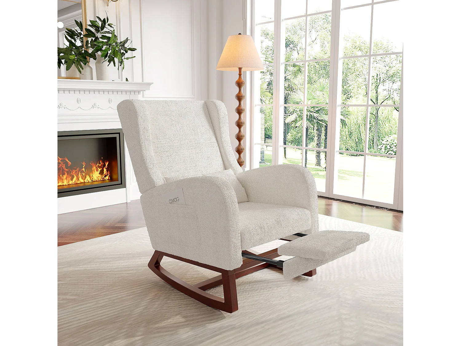 Fauteuil à bascule rembourré, velours beige effet peluche, fauteuil relaxant avec coussin lombaire et repose-pieds extensible, fauteuil de salon