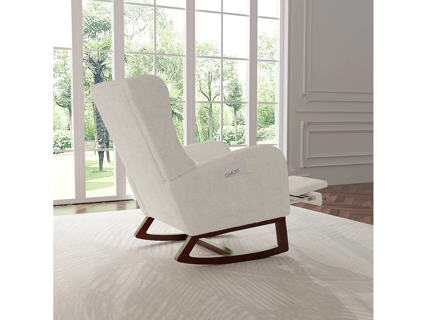 Fauteuil à bascule rembourré, velours beige effet peluche, fauteuil relaxant avec coussin lombaire et repose-pieds extensible, fauteuil de salon