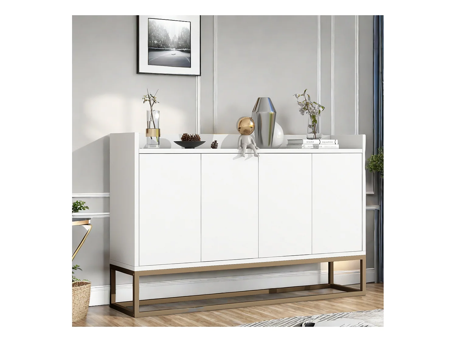 Buffet moderne， Meuble de rangement， Meuble à chaussures de style minimaliste Meuble， buffet 4 portes sans poignée， pour salle à manger, salon, cuisine，Blanc