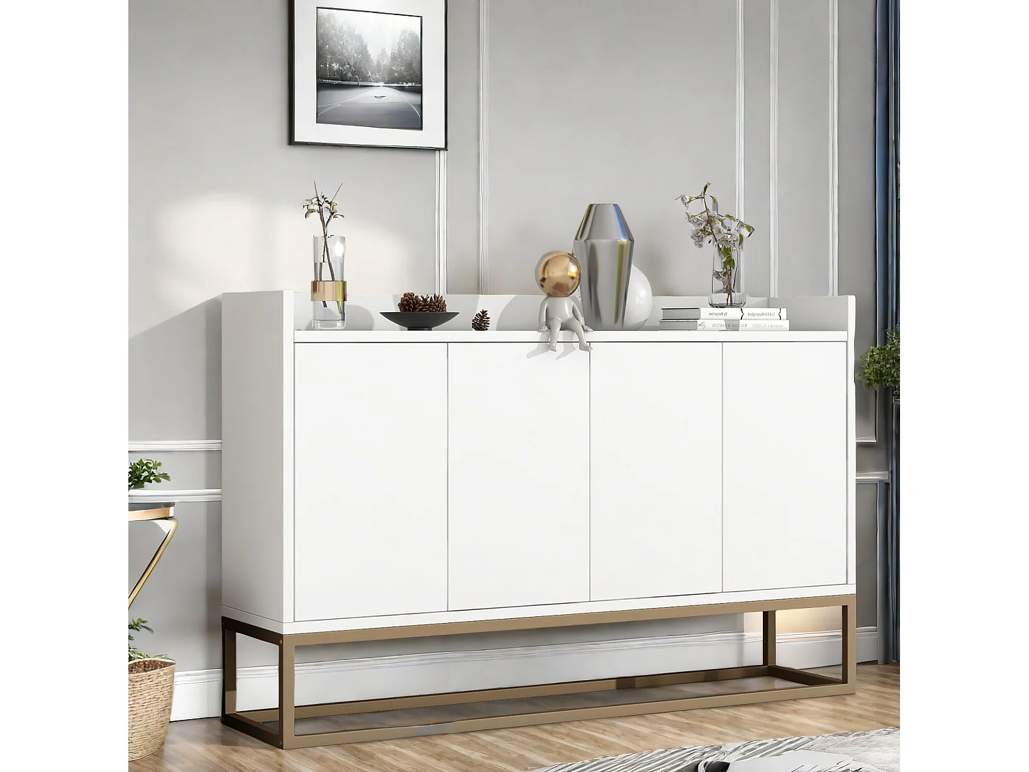 Buffet moderne， Meuble de rangement， Meuble à chaussures de style minimaliste Meuble， buffet 4 portes sans poignée， pour salle à manger, salon, cuisine，Blanc