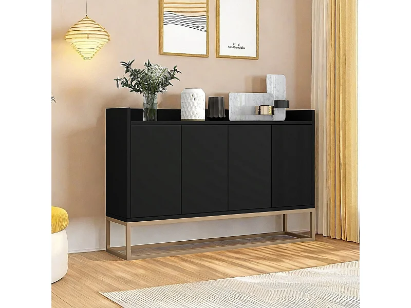 Buffet moderne， Meuble de rangement， Meuble à chaussures de style minimaliste Meuble， buffet 4 portes sans poignée， pour salle à manger, salon, cuisine，Noir
