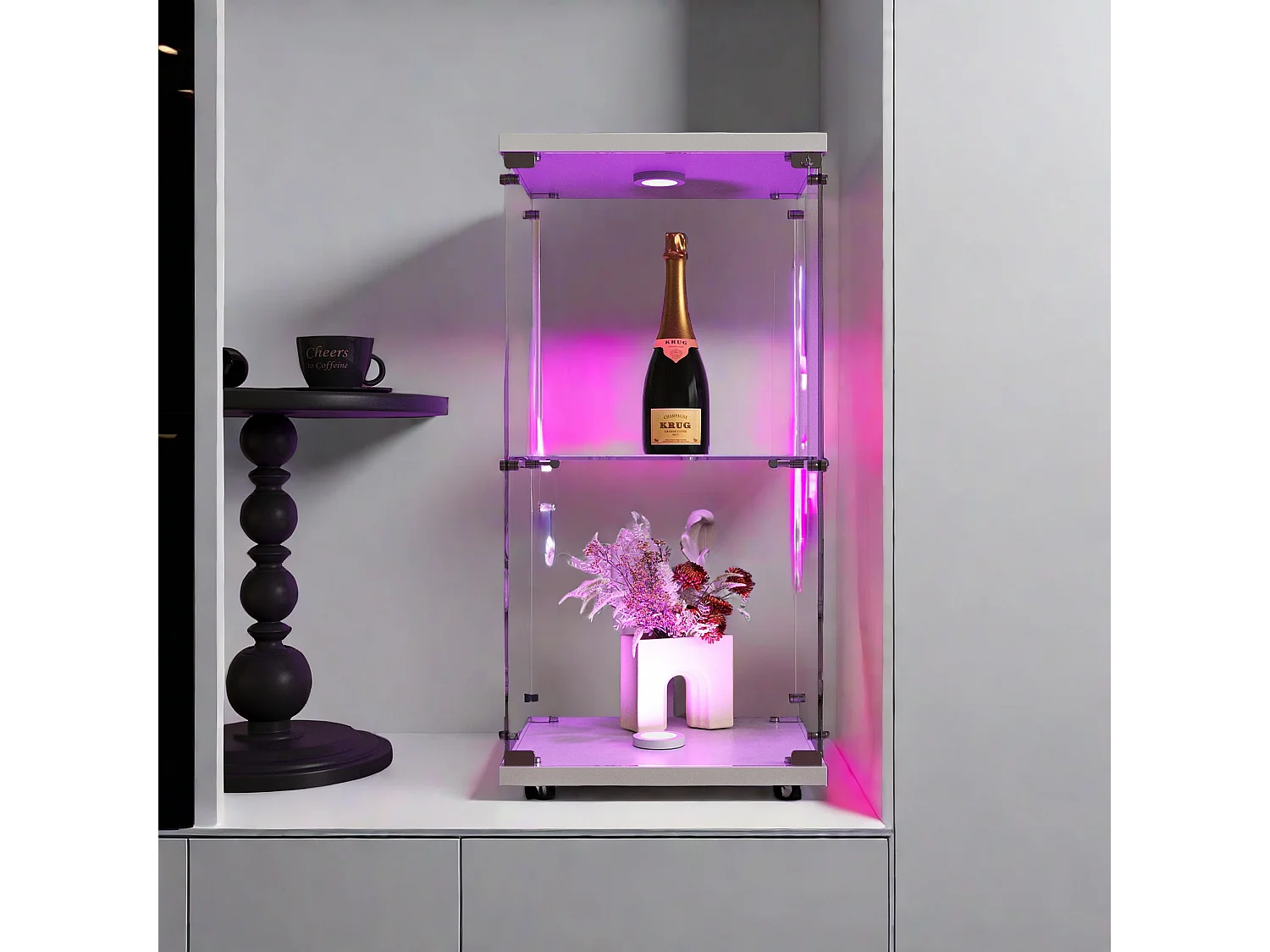 Vitrine vitrée à une porte et deux niveaux, avec éclairage et serrure, idéale pour objets de collection, livres, bouteilles de vin, pour bureau, salon ou bureau.