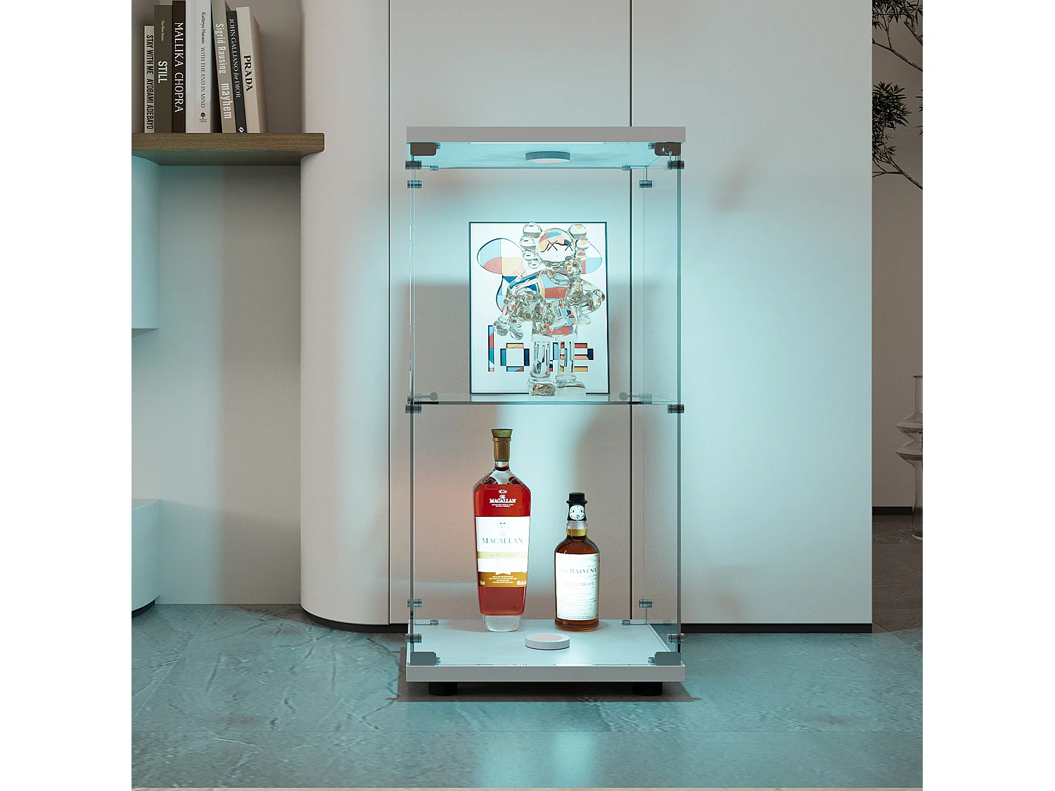 Vitrine vitrée à une porte et deux niveaux, avec éclairage et serrure, idéale pour objets de collection, livres, bouteilles de vin, pour bureau, salon ou bureau.