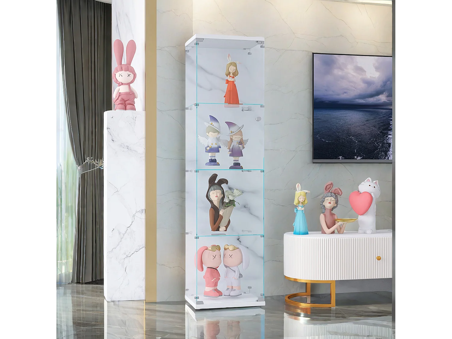 Vitrine, vitrine en verre à 4 couches avec porte, adaptée au salon, à la chambre à coucher et au bureau, blanc