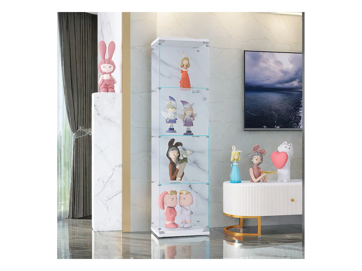 Vitrine, vitrine en verre à 4 couches avec porte, adaptée au salon, à la chambre à coucher et au bureau, blanc