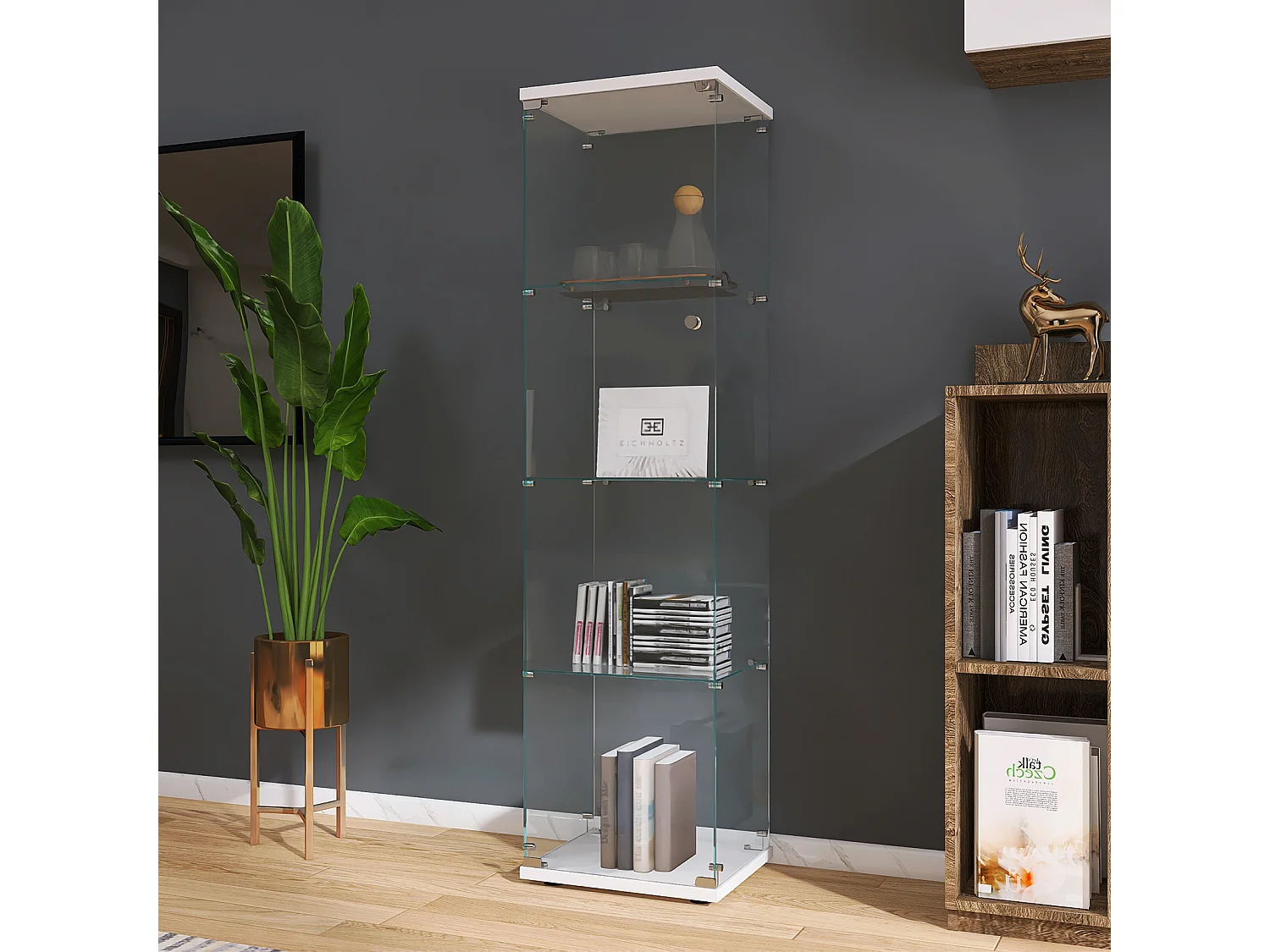 Vitrine, vitrine en verre à 4 couches avec porte, adaptée au salon, à la chambre à coucher et au bureau, blanc