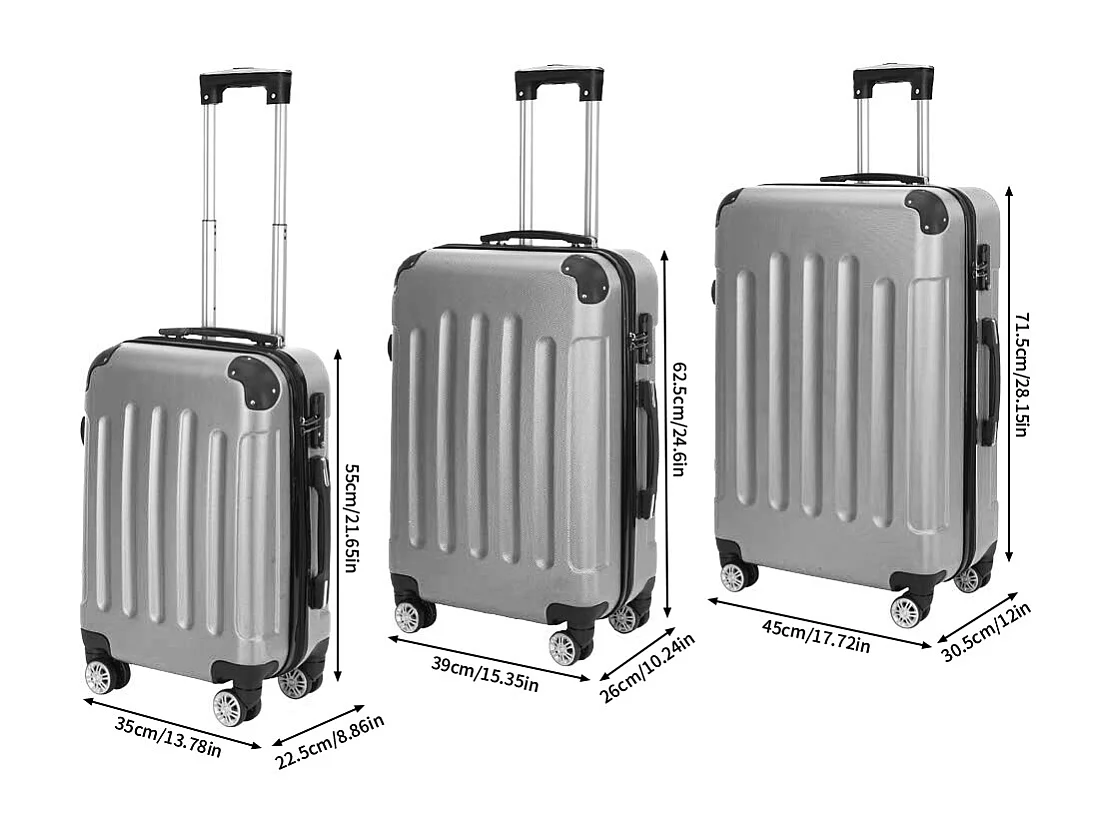 Lot de 3 valises à rayures, pratique pour les voyages,  gris
