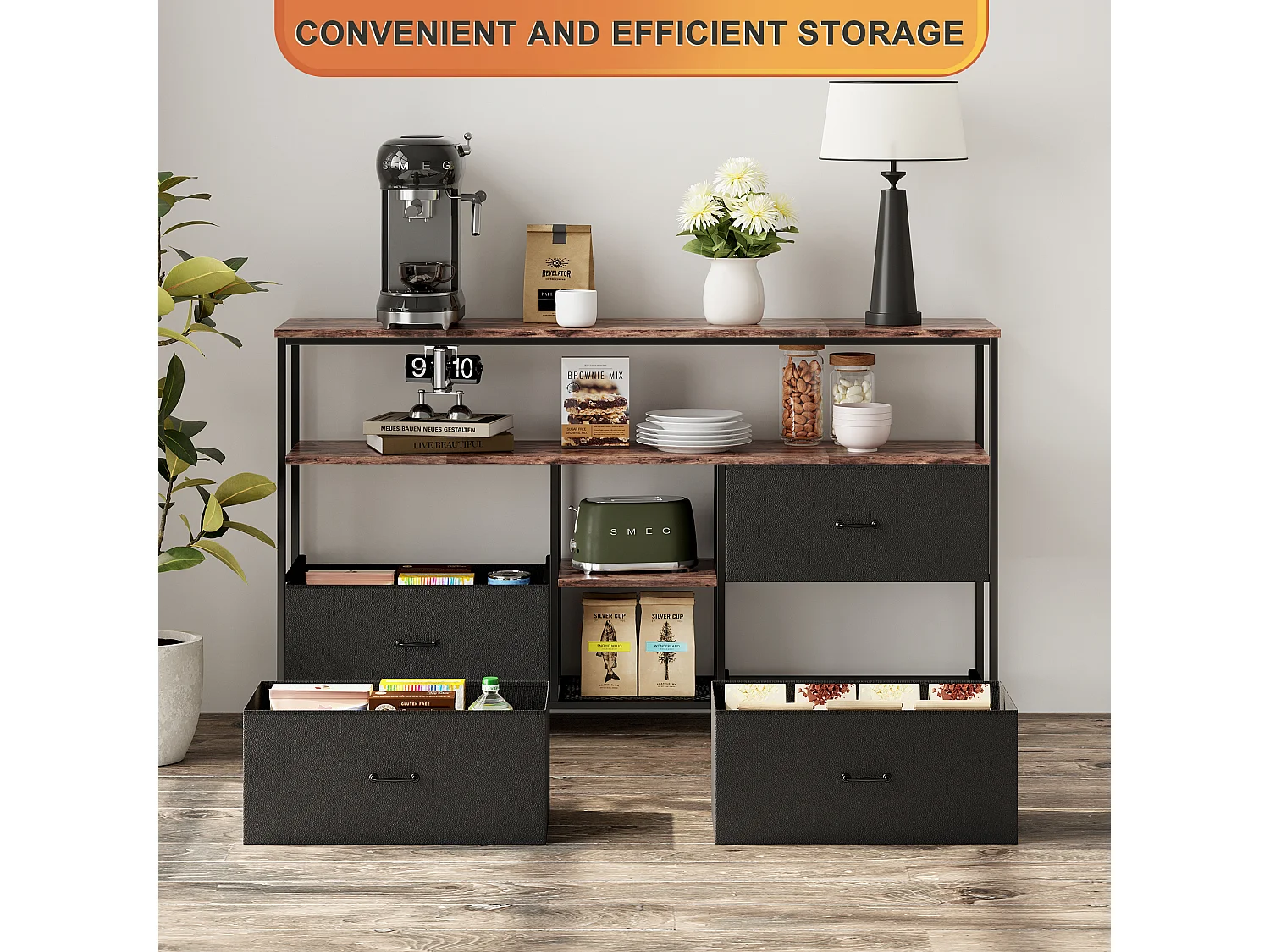 Meuble TV, Meuble TV avec 4 tiroirs, salon, chambre à coucher, salle de divertissement, Noir