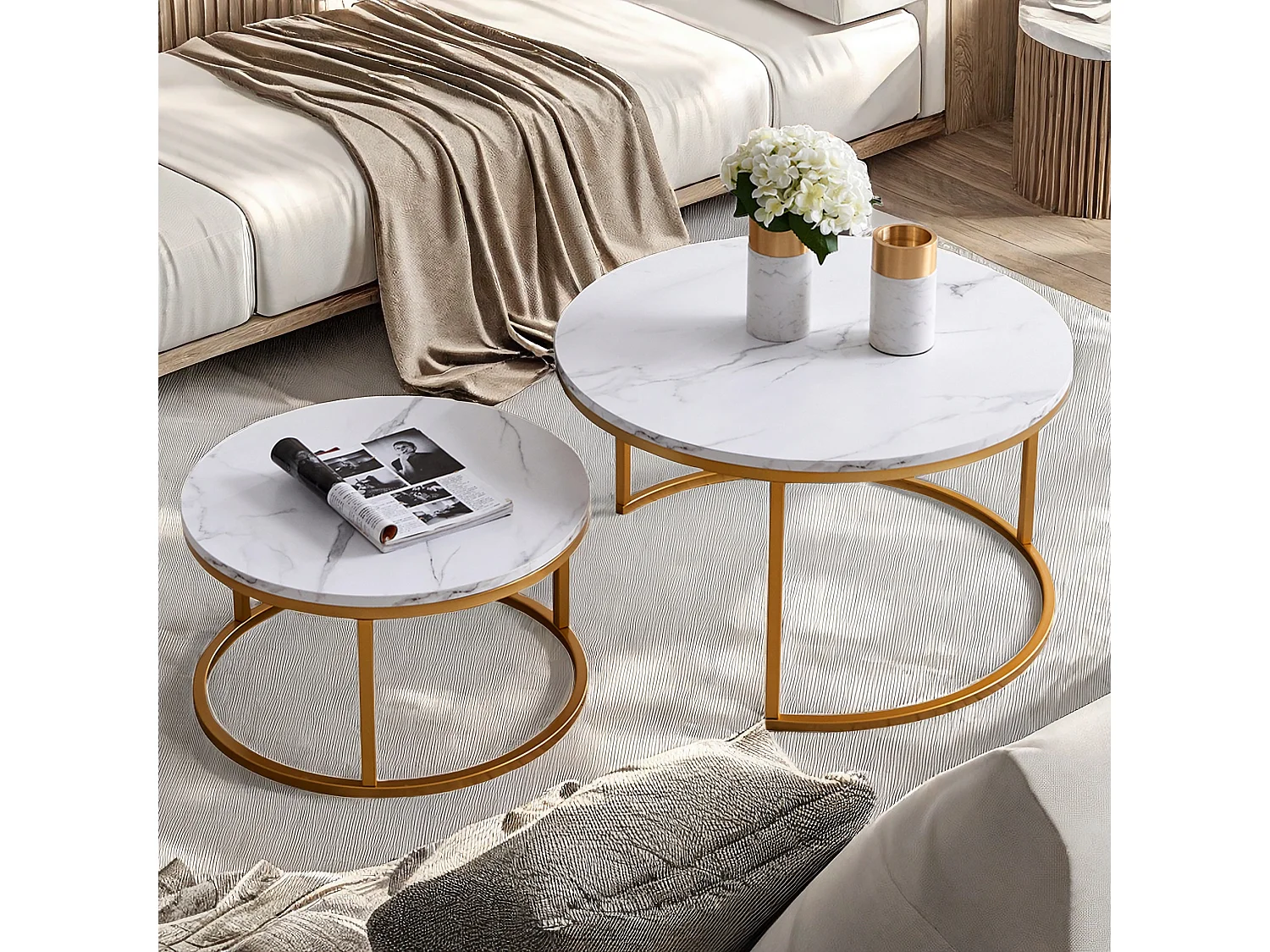 Tables basses gigognes - Table d'appoint Ronde- Table de salon Moderne, Tables de salon pour salon - structure en métal  Doré -  salon, Chambre à Coucher, Balcon