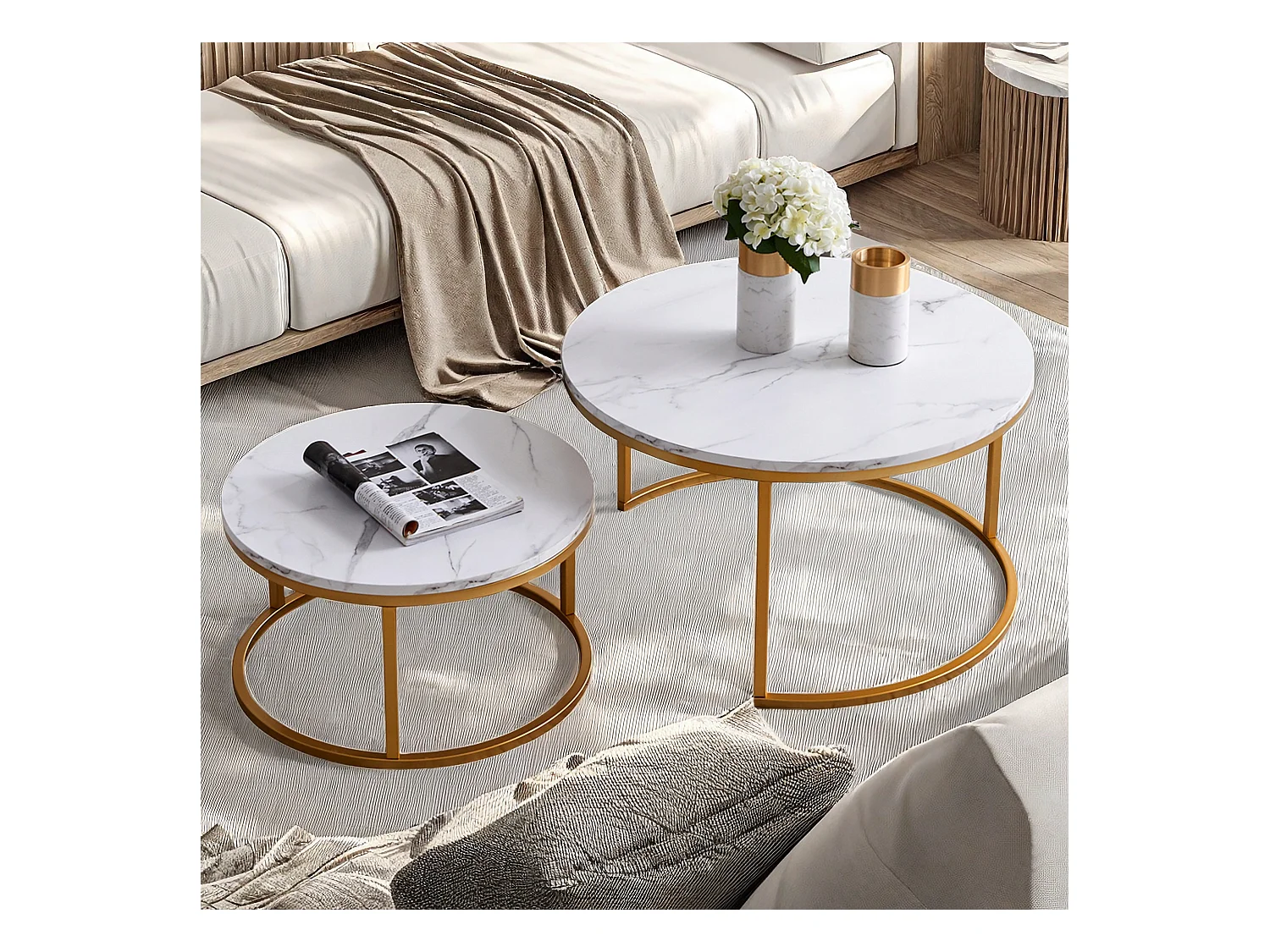 Tables basses gigognes - Table d'appoint Ronde- Table de salon Moderne, Tables de salon pour salon - structure en métal  Doré -  salon, Chambre à Coucher, Balcon