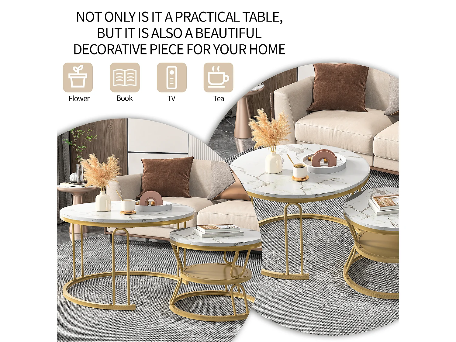 Tables basses gigognes - structure en métal Doré- Table d'appoint Rond - Cadre de support en forme de U, Table de salon Moderne, Tables de salon pour salon