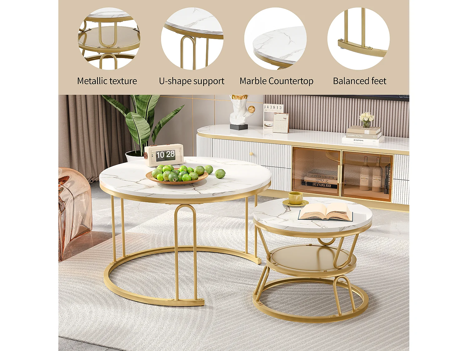 Tables basses gigognes - structure en métal Doré- Table d'appoint Rond - Cadre de support en forme de U, Table de salon Moderne, Tables de salon pour salon