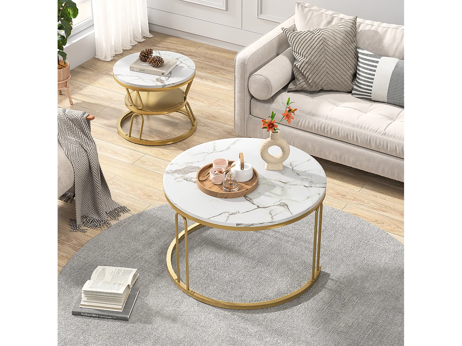 Tables basses gigognes - structure en métal Doré- Table d'appoint Rond - Cadre de support en forme de U, Table de salon Moderne, Tables de salon pour salon