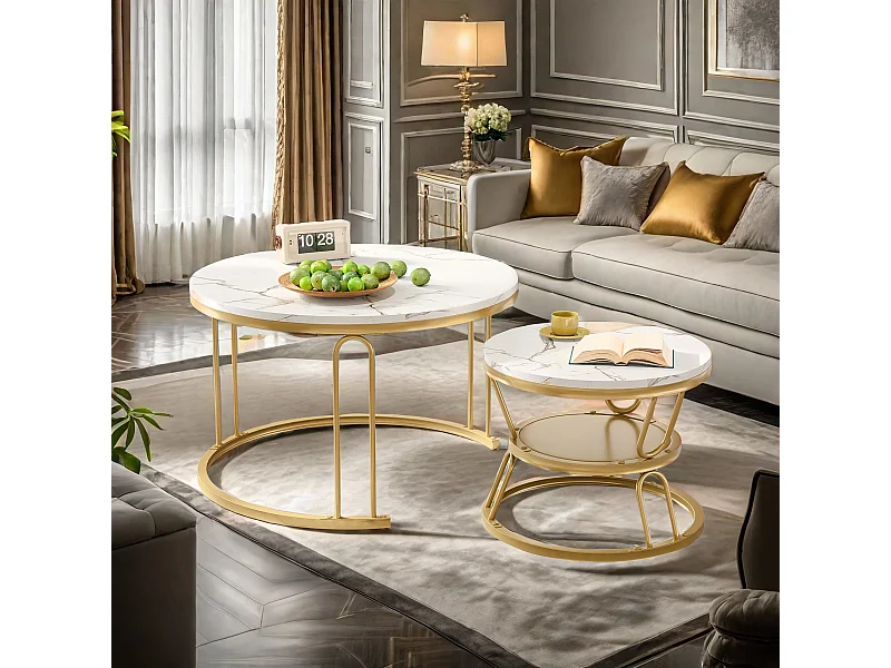 Tables basses gigognes - structure en métal Doré- Table d'appoint Rond - Cadre de support en forme de U, Table de salon Moderne, Tables de salon pour salon