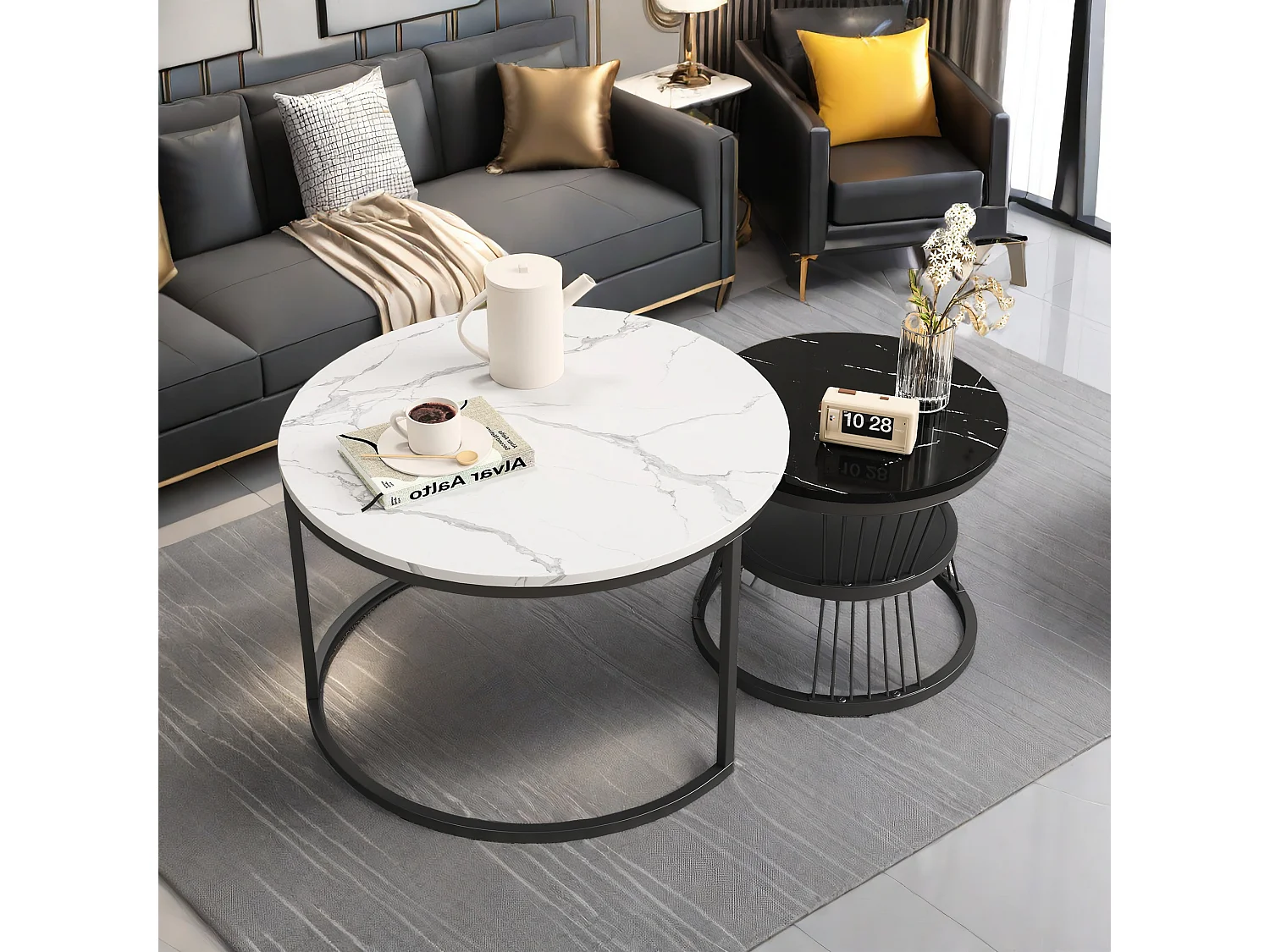 Tables basses gigognes - structure en métal Noir- Table d'appoint Ronde - Table de salon Moderne, Tables de salon pour salon, Chambre à Coucher, Balcon, salon