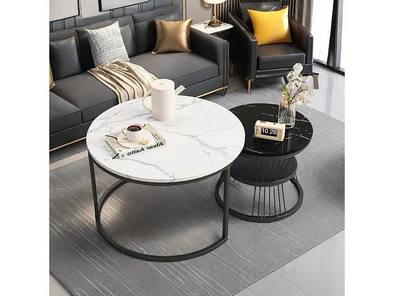 Tables basses gigognes - structure en métal Noir- Table d'appoint Ronde - Table de salon Moderne, Tables de salon pour salon, Chambre à Coucher, Balcon, salon