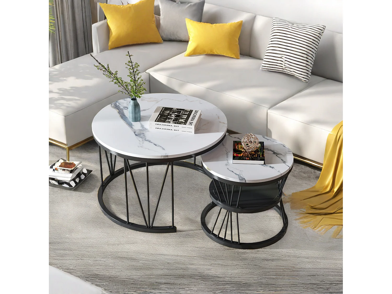 Tables basses gigognes - structure en métal Noir- Table d'appoint Rond - Cadre de support en forme de V