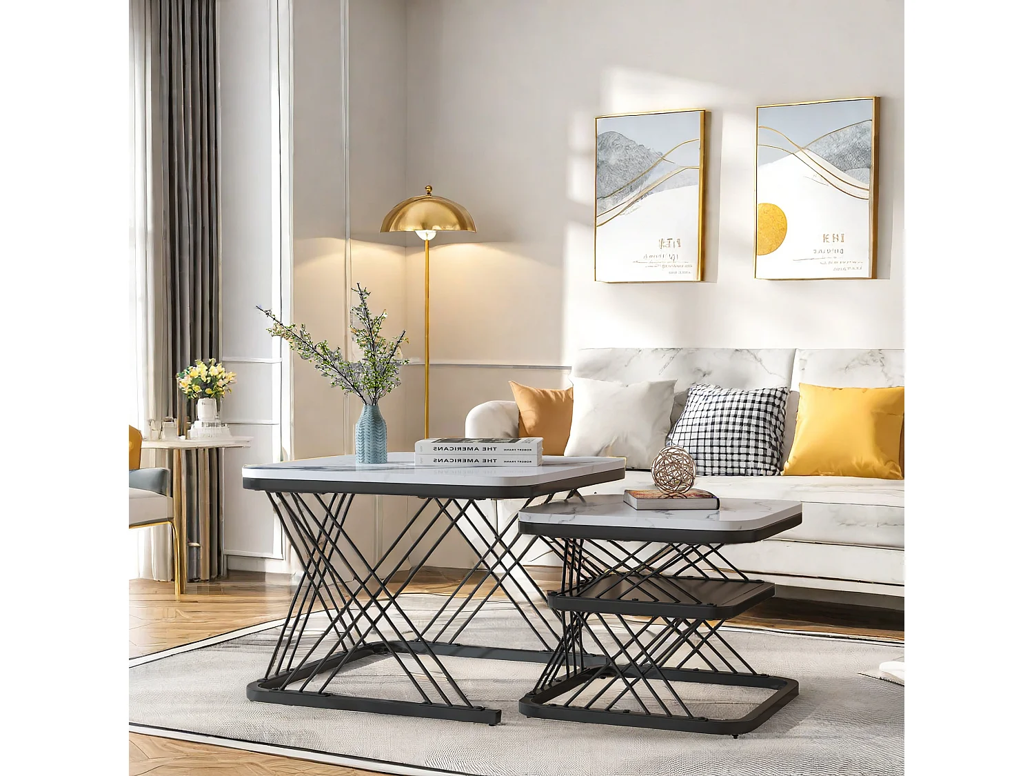 Tables basses gigognes - structure en métal Noir- Table d'appoint Rectangle - Table de salon Moderne, Tables de salon pour salon, Chambre à Coucher, Balcon, salon