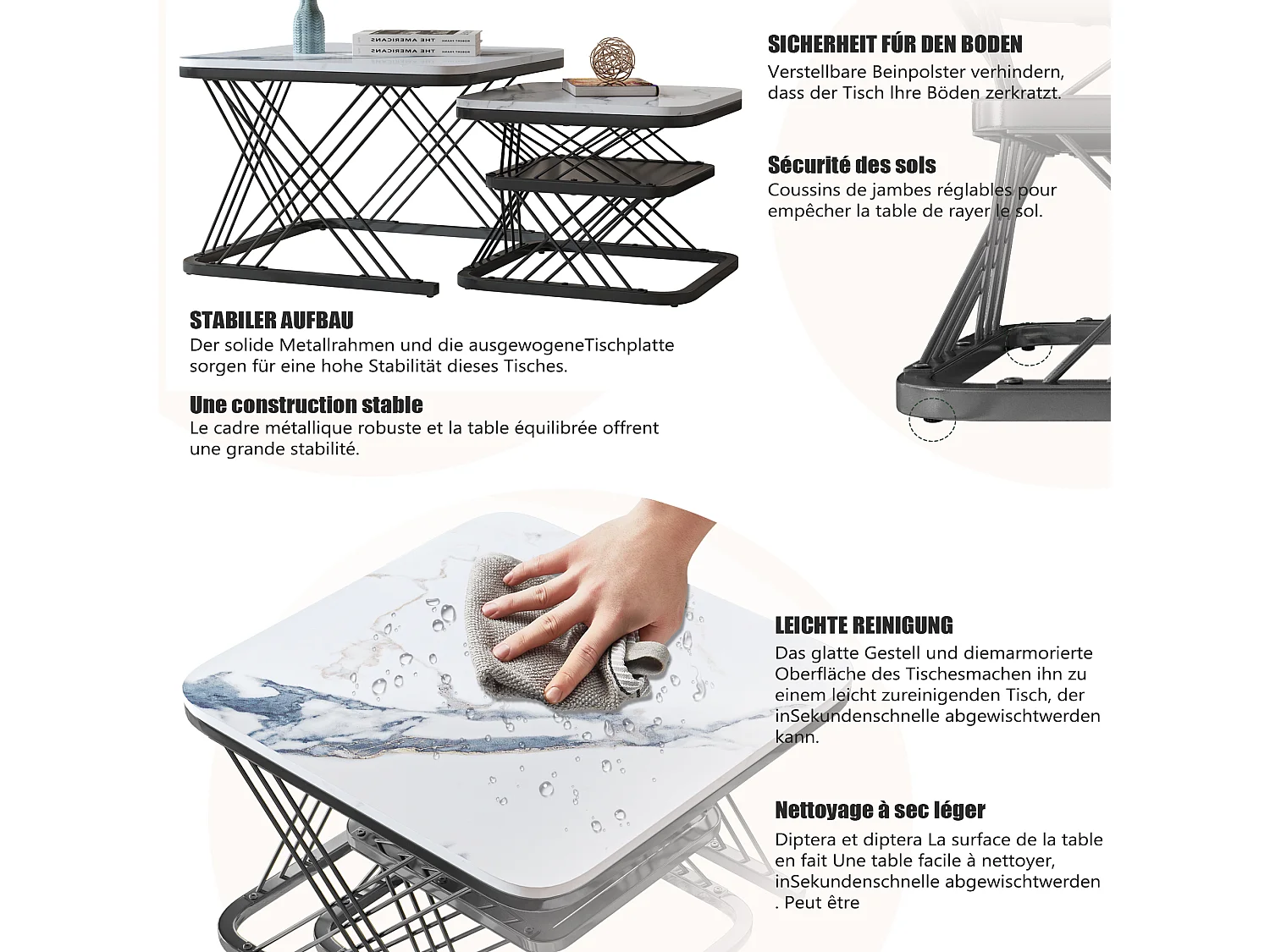 Tables basses gigognes - structure en métal Noir- Table d'appoint Rectangle - Table de salon Moderne, Tables de salon pour salon, Chambre à Coucher, Balcon, salon
