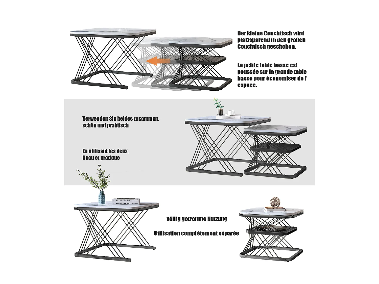 Tables basses gigognes - structure en métal Noir- Table d'appoint Rectangle - Table de salon Moderne, Tables de salon pour salon, Chambre à Coucher, Balcon, salon