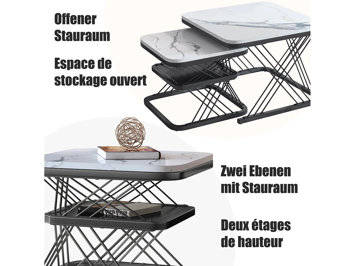 Tables basses gigognes - structure en métal Noir- Table d'appoint Rectangle - Table de salon Moderne, Tables de salon pour salon, Chambre à Coucher, Balcon, salon