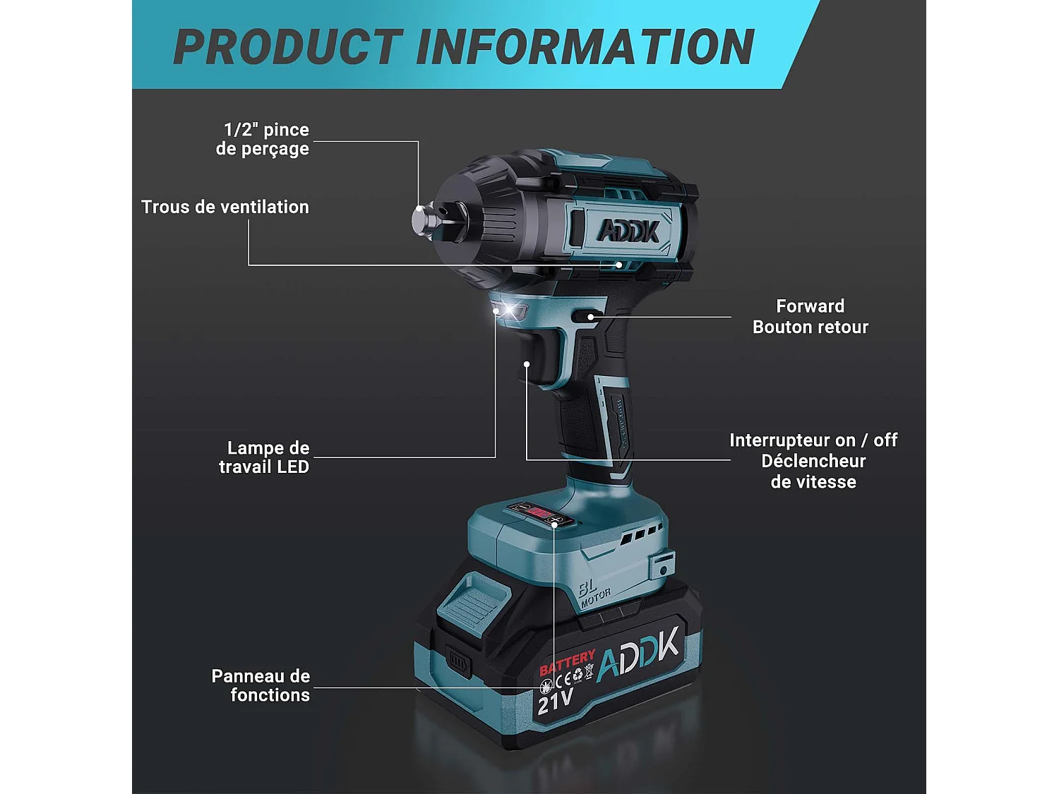 1/2" 1000N.M Brushless Electric Impact Wrench,21V 2x4.0Ah Batteries, 6 Speed ​​2600RPM for Truck Car Tire Change