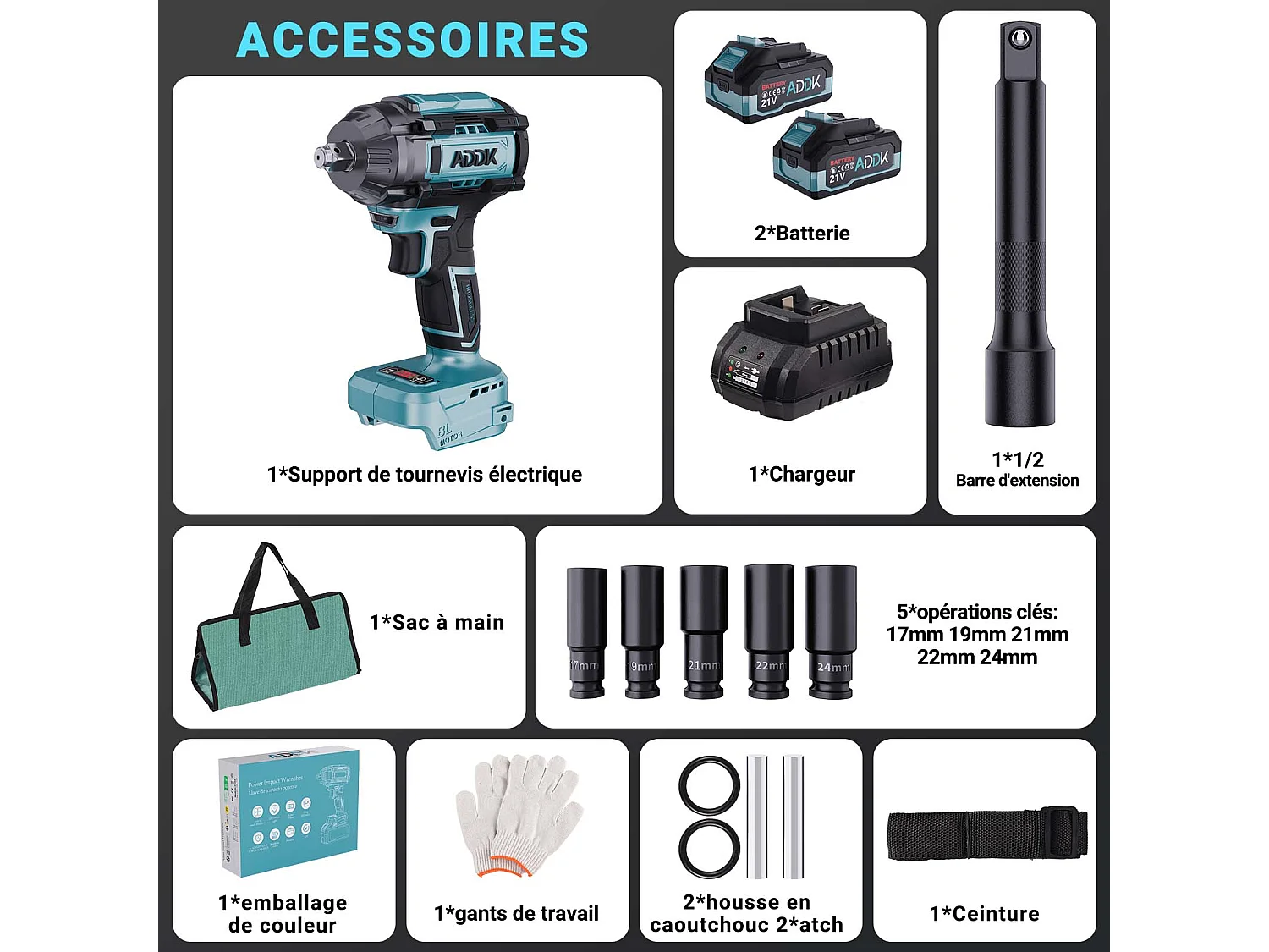 1/2" 1000N.M Brushless Electric Impact Wrench,21V 2x4.0Ah Batteries, 6 Speed ​​2600RPM for Truck Car Tire Change