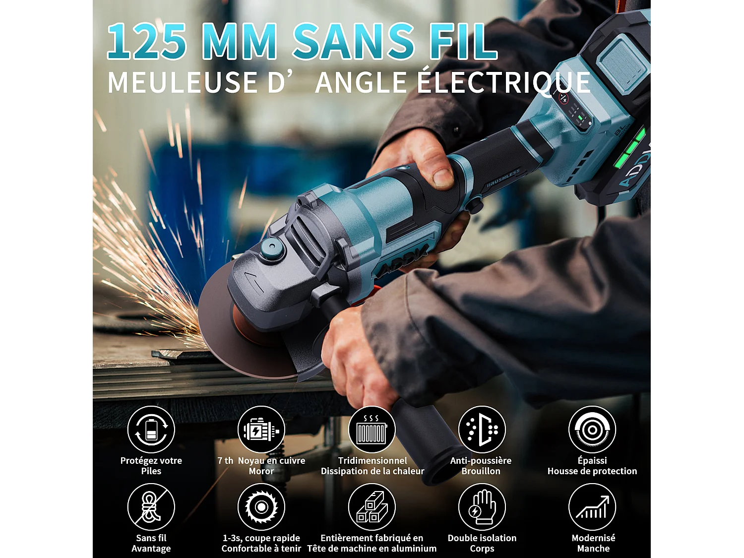Meuleuse d'angle sans fil 125mm,batterie 21 V 4.0 Ah,moteur sans balais 9 000 tr/min,6 niveaux réglables ,avec 9 acessoires