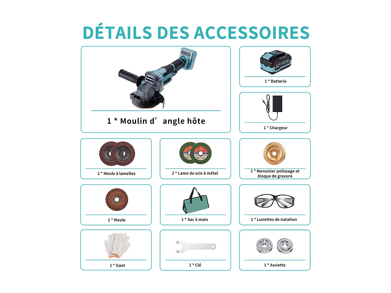 Meuleuse d'angle sans fil 125mm,batterie 21 V 4.0 Ah,moteur sans balais 9 000 tr/min,6 niveaux réglables ,avec 9 acessoires