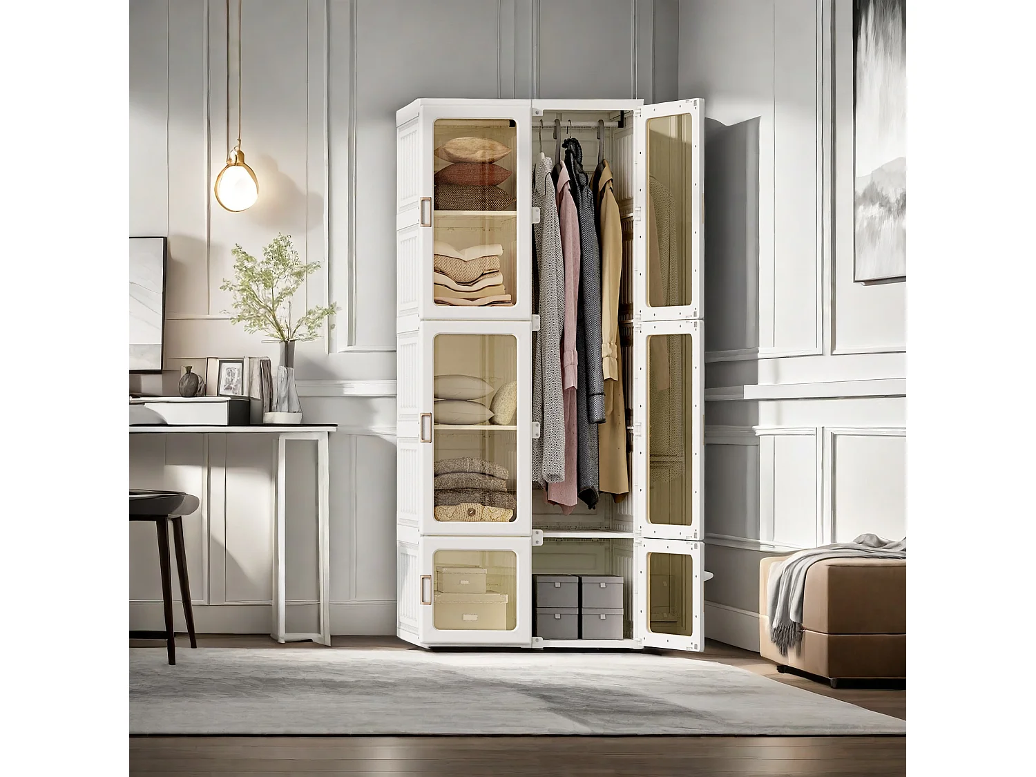 Armoire, meuble de rangement, armoire portable, armoire de chambre, armoire de rangement à portes transparentes, organisateur, blanc