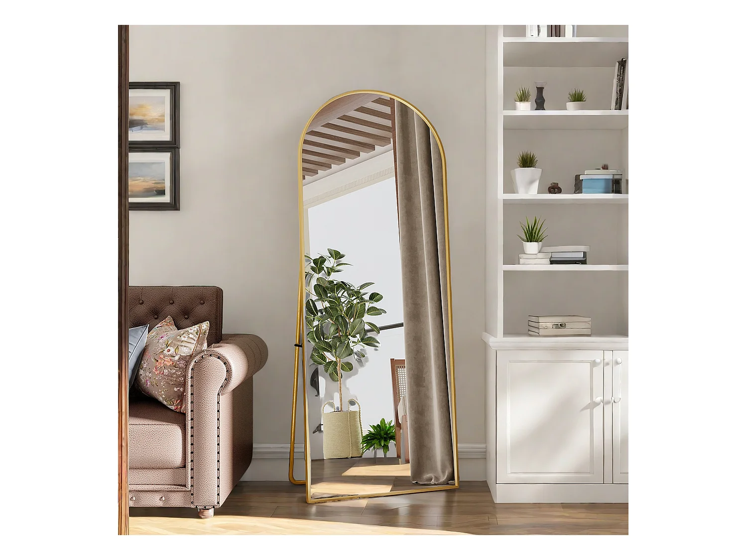 Miroir arqué Miroir au sol, suspendu, debout, incliné, Miroir de chambre Miroir mural Miroir  avec cadre en alliage d'aluminium, Doré, 165x60 cm